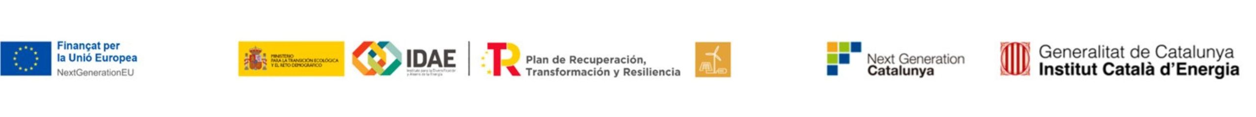 Logotipos de la Unión Europea NextGenerationEU, Gobierno de España, IDAE, Plan de Recuperación, Transformación y Resiliencia, Next Generation Catalunya i Institut Català d’Energia