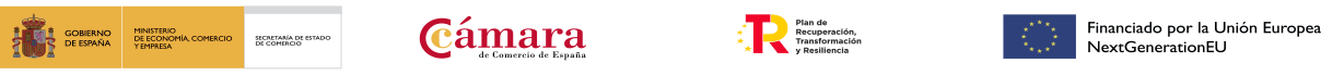 Logotips del Gobierno de España, Ministerio de Industria, Comercio y Turismo, Cámara de Comercio de España, Plataforma de Mentoring i Unió Europea NextGenerationEU.
